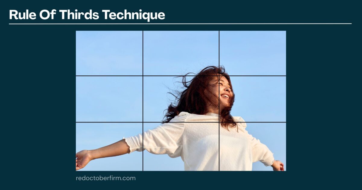 22 Basic Photography Techniques You Need To Level Up! A Woman Poses With Arms Outstretched Against A Blue Sky, Aligned With The Rule Of Thirds Grid Overlay On The Image.