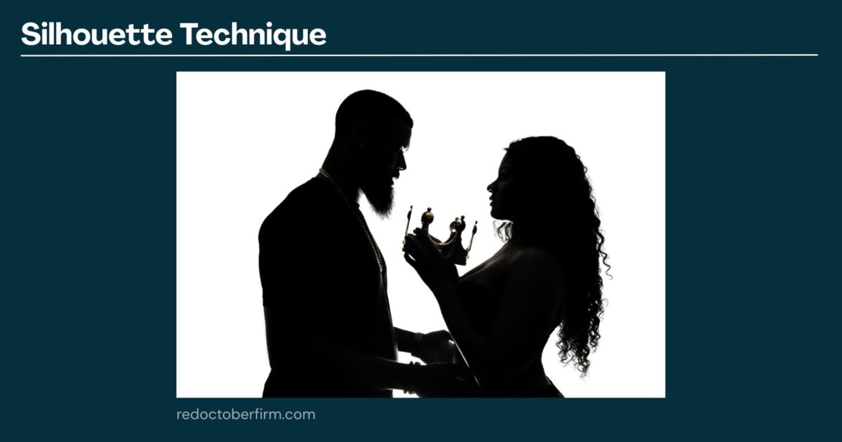 22 Basic Photography Techniques You Need To Level Up! Silhouette Of A Man And Woman Facing Each Other; The Woman Holds A Crown While The Man Touches Her Hand Against A White Background.