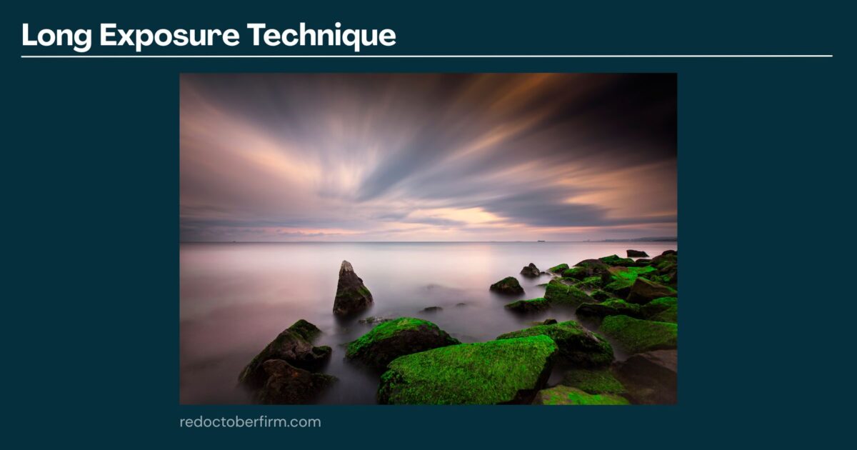 22 Basic Photography Techniques You Need To Level Up! Long Exposure Photo Of A Rocky Shoreline With Smooth Water And Streaked Clouds, Featuring Green Moss On The Rocks Under A Dramatic Sky.