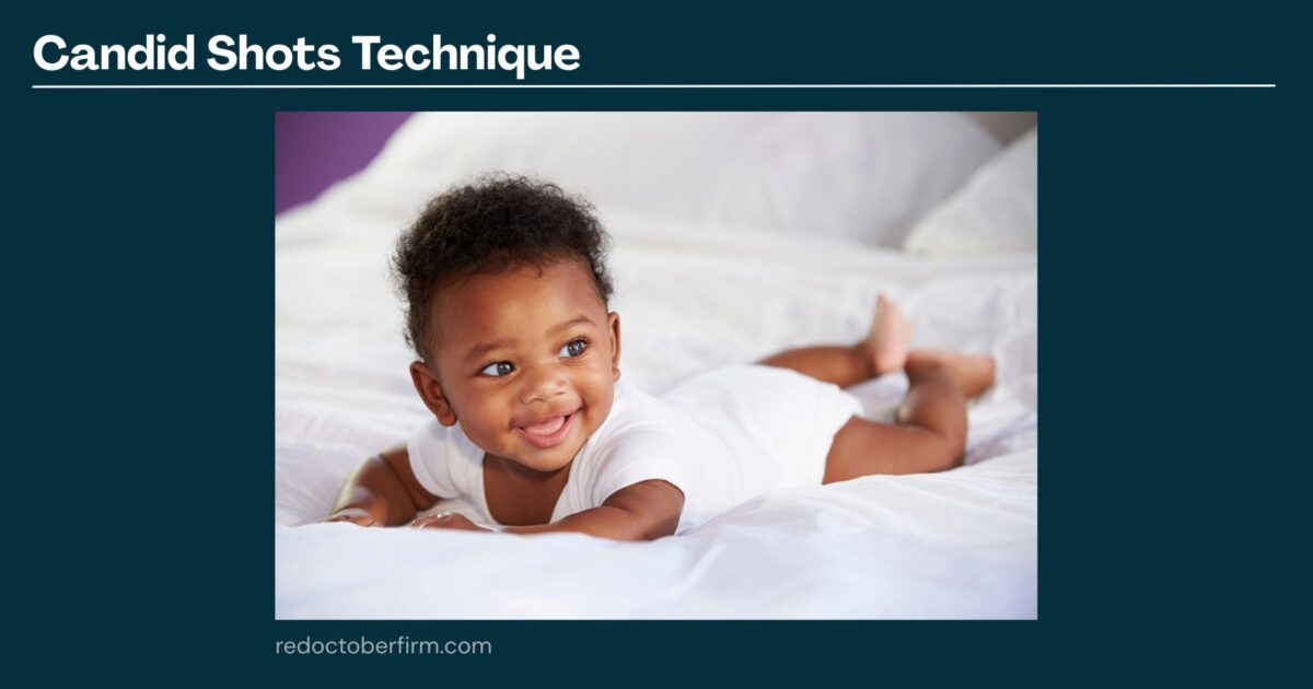 22 Basic Photography Techniques You Need To Level Up! A Baby Wearing A White Onesie Lies On A Bed, Smiling And Looking To The Side. The Slide Is Titled &Quot;Candid Shots Technique.