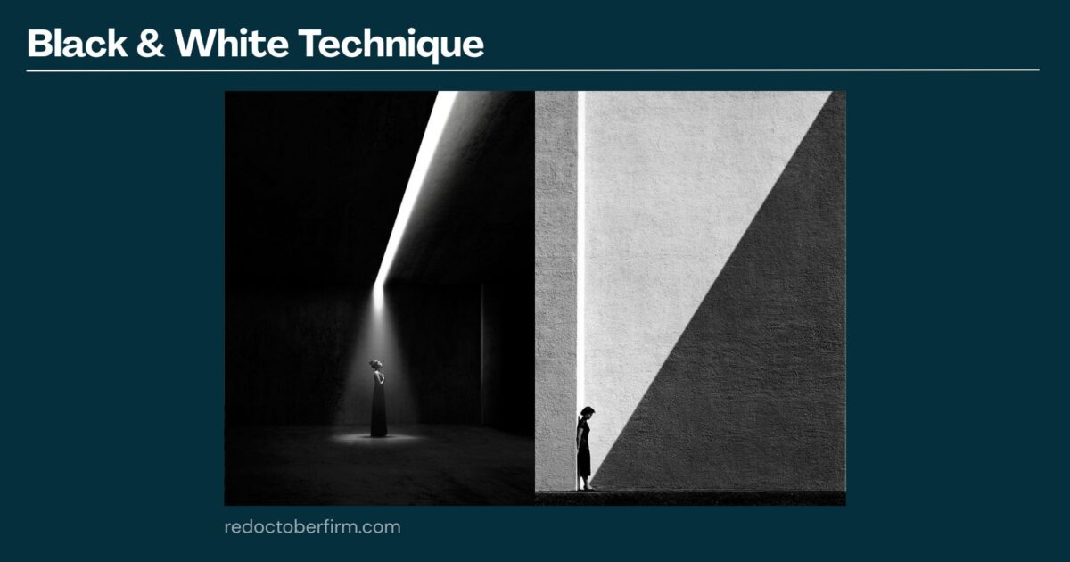 22 Basic Photography Techniques You Need To Level Up! Two Black And White Photos Display Strong Light And Shadow; One Shows A Person In A Dark Room With A Light Beam, The Other Features A Person Standing Near A Large Shadow On A Wall.