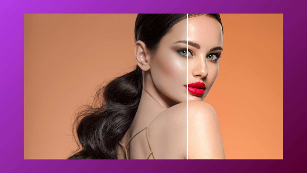 Simple Photo Editing Tips To Get Better-Looking Photos A Photo Of A Woman With Red Lipstick And A Purple Background Enhanced Using The Best Photo Editing Apps.
