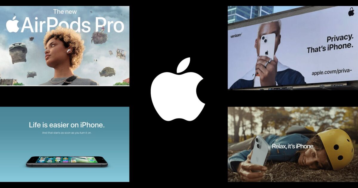 17 Reasons Why Your Business Needs Brand Photography A Collage Showing Apple Advertisements For Airpods Pro And Iphone, Featuring Diverse People, Privacy Messaging, And The Apple Logo In The Center.