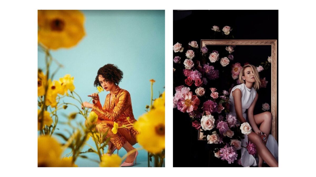 20 Cool Diy Backdrop Ideas For Your Next Photoshoot Two Pictures Of A Woman Posing In Front Of Flowers, Showcasing Backdrop Photography Ideas.