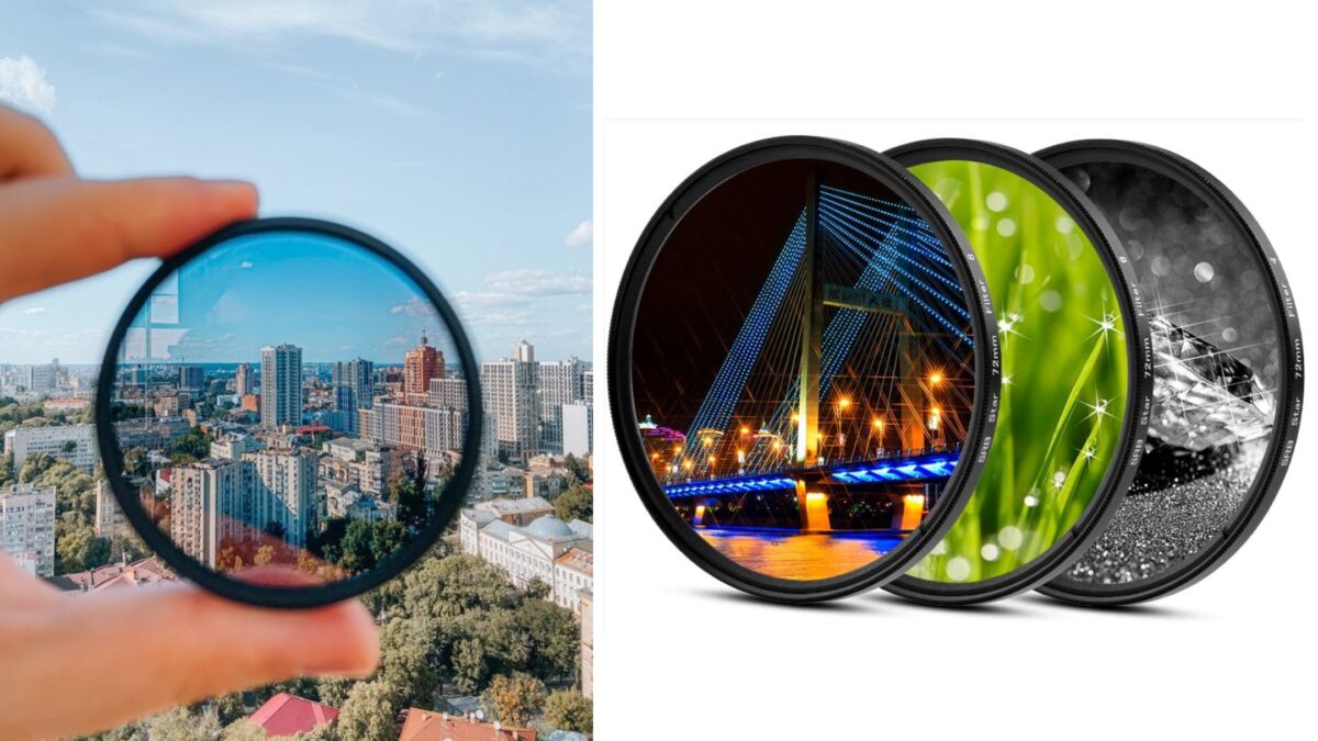 Photography Equipment List: What You Need To Make The Perfect Camera Bag A Person Is Holding A Camera With A Filter In Front Of A City, Utilizing Photography Equipment From The List.