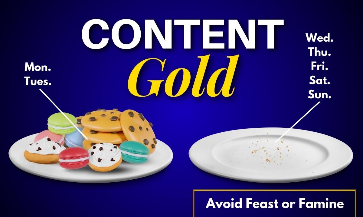 Cg #007: Avoid The Feast Or Famine &Quot;Content Strategy&Quot; A Plate With Cookies And The Words Content Gold. Showing Feast Or Famine As A Content Creator.