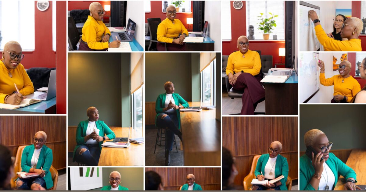 17 Reasons Why Your Business Needs Brand Photography A Woman With Short Blonde Hair Works In An Office, Using A Laptop, Writing, Giving Presentations, And Speaking With Colleagues In Various Settings.