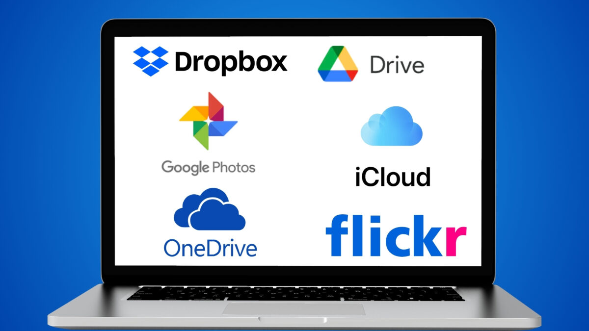 How To Store And Backup Photos Safely A Laptop With Icloud, Dropbox, And Onedrive Logos For Seamless Store And Backup Of Photos.