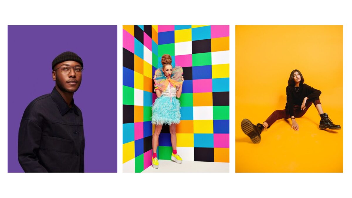 20 Cool Diy Backdrop Ideas For Your Next Photoshoot Four People Posing In Front Of A Vibrant Backdrop.