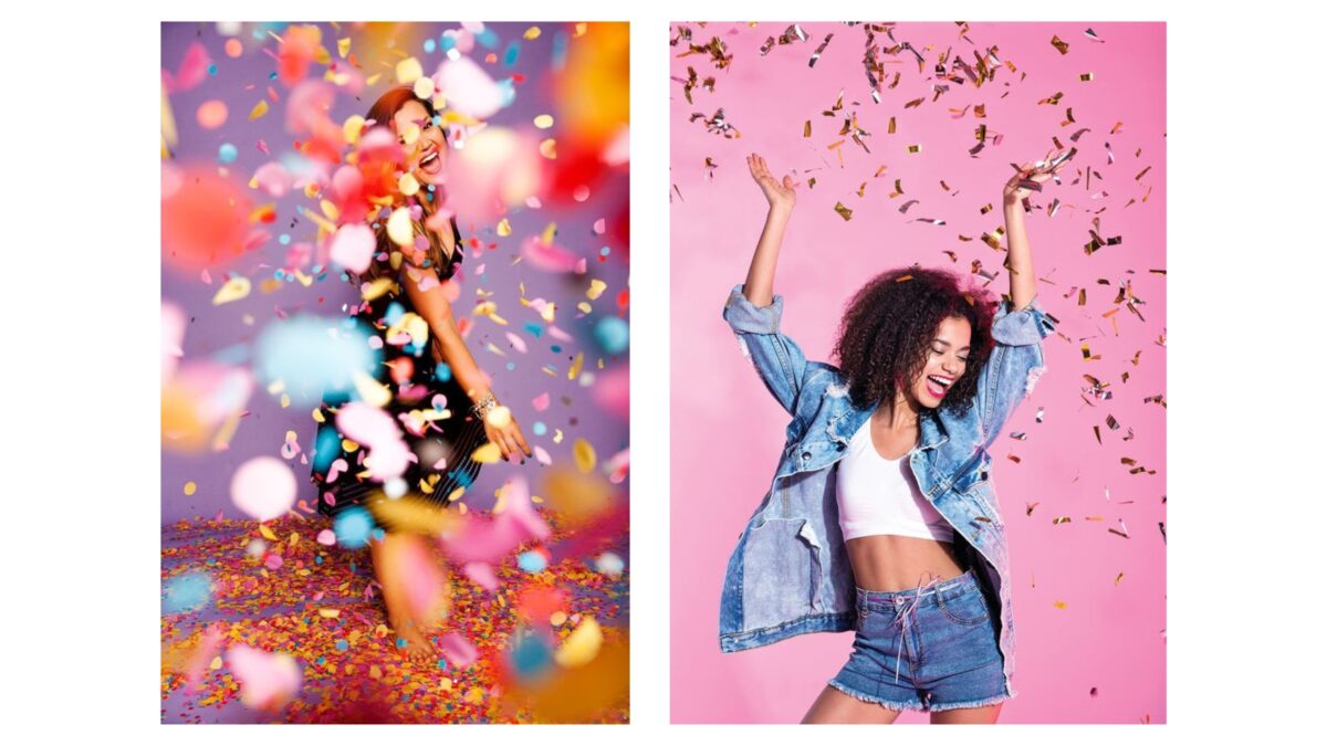 20 Cool Diy Backdrop Ideas For Your Next Photoshoot Two Vibrant Pictures Of A Woman With Confetti In Her Hair, Showcasing Creative Backdrop Ideas For Photography.