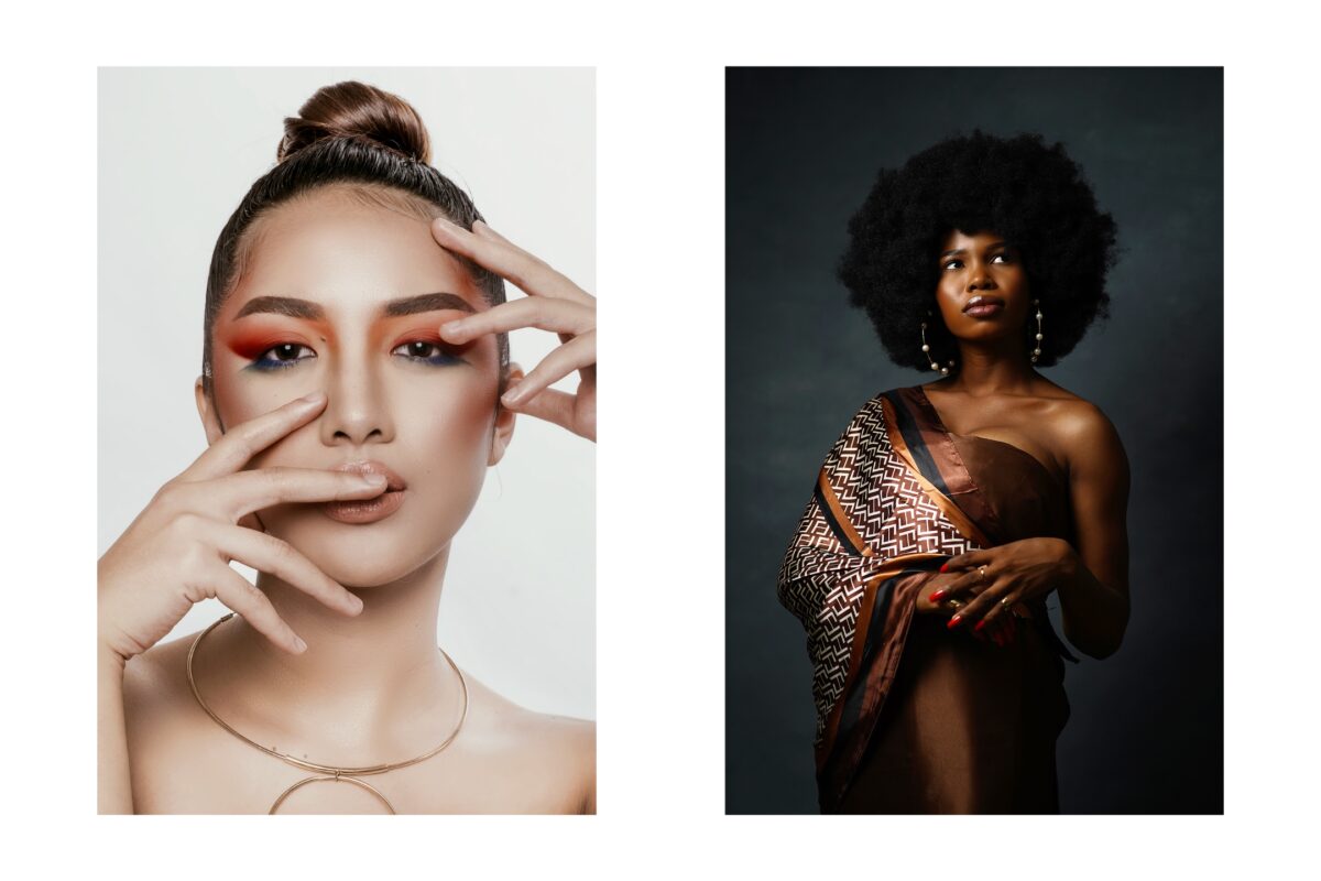 What To Say To Clients During A Photo Session: With Prompts Two Stunning Pictures Of Women With Afro Hair And Makeup, Striking Elegant Poses During A Captivating Photo Session.