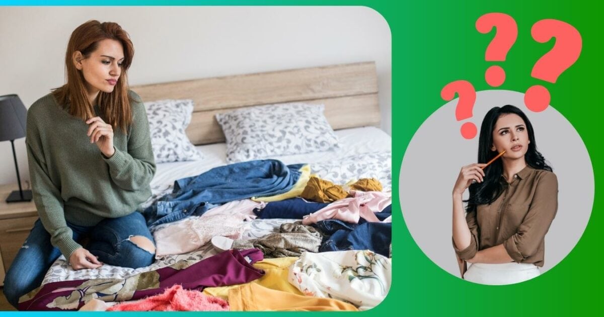 What To Wear To A Photoshoot (The Ultimate Guide) A Woman Is Sitting On A Bed Surrounded By Clothes, Contemplating What To Wear For Her Upcoming Photoshoot.