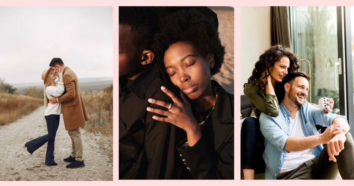 What To Say To Clients During A Photo Session: With Prompts Four Pictures Of A Man And Woman Hugging Each Other, Showcasing What To Wear To A Photoshoot.