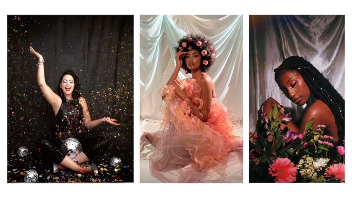 20 Cool Diy Backdrop Ideas For Your Next Photoshoot Four Pictures Of A Woman Posing For A Photo Shoot With Creative Backdrop Ideas.