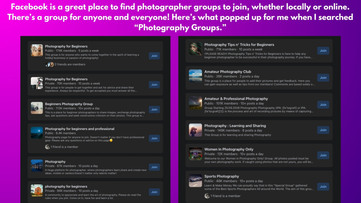 How To Join Photography Groups You'Ll Love A Photo Of A Group Of Photographers On A Vibrant Purple Background Encouraging Others To Join Photography Groups.