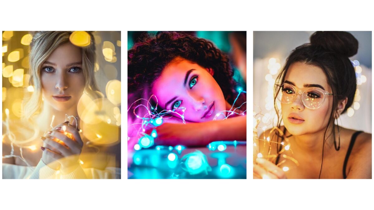 20 Cool Diy Backdrop Ideas For Your Next Photoshoot Four Pictures Of A Woman Posing With Stunning Backdrop Photography Ideas, Showcasing Lights On Her Face.