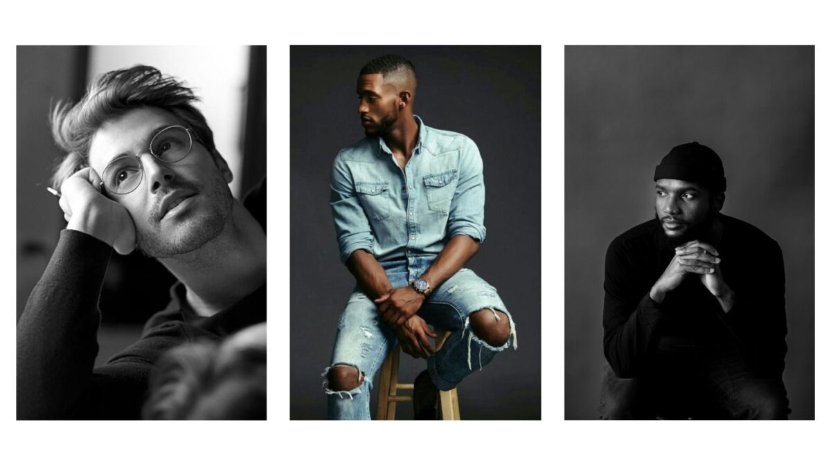 25 Best Poses For Men Four Black And White Photos Showcasing Male Model Poses Of Men Sitting On Chairs.