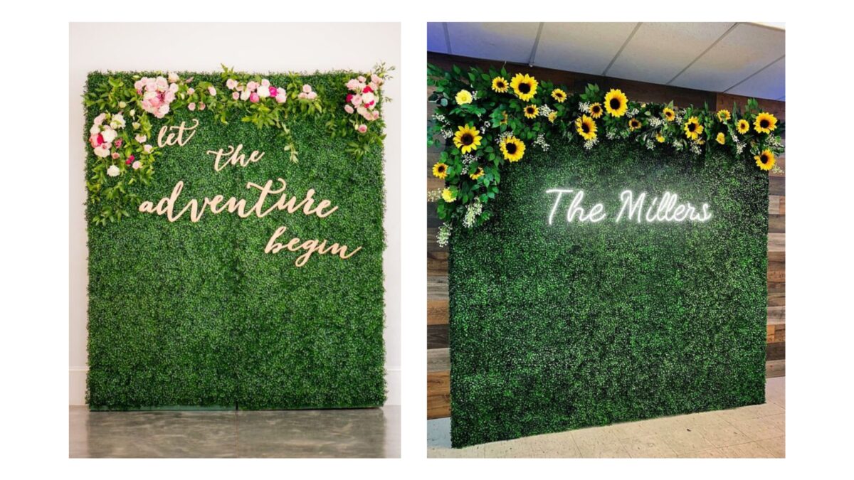 20 Cool Diy Backdrop Ideas For Your Next Photoshoot Two Pictures Showcasing A Vibrant Green Wall Adorned With Beautiful Flowers And Accompanied By A Sign. Perfect Backdrop Photography Ideas!
