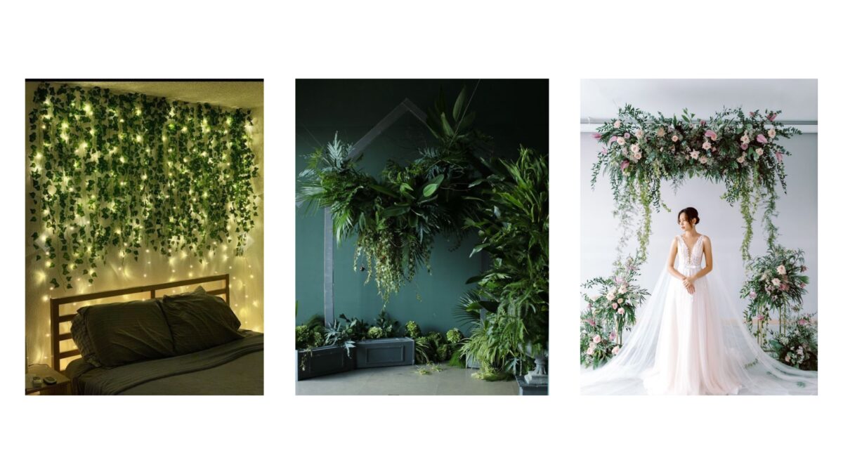 20 Cool Diy Backdrop Ideas For Your Next Photoshoot A Collage Of Wedding Pictures Featuring Greenery Hanging From The Ceiling, Offering Unique Backdrop Photography Ideas.