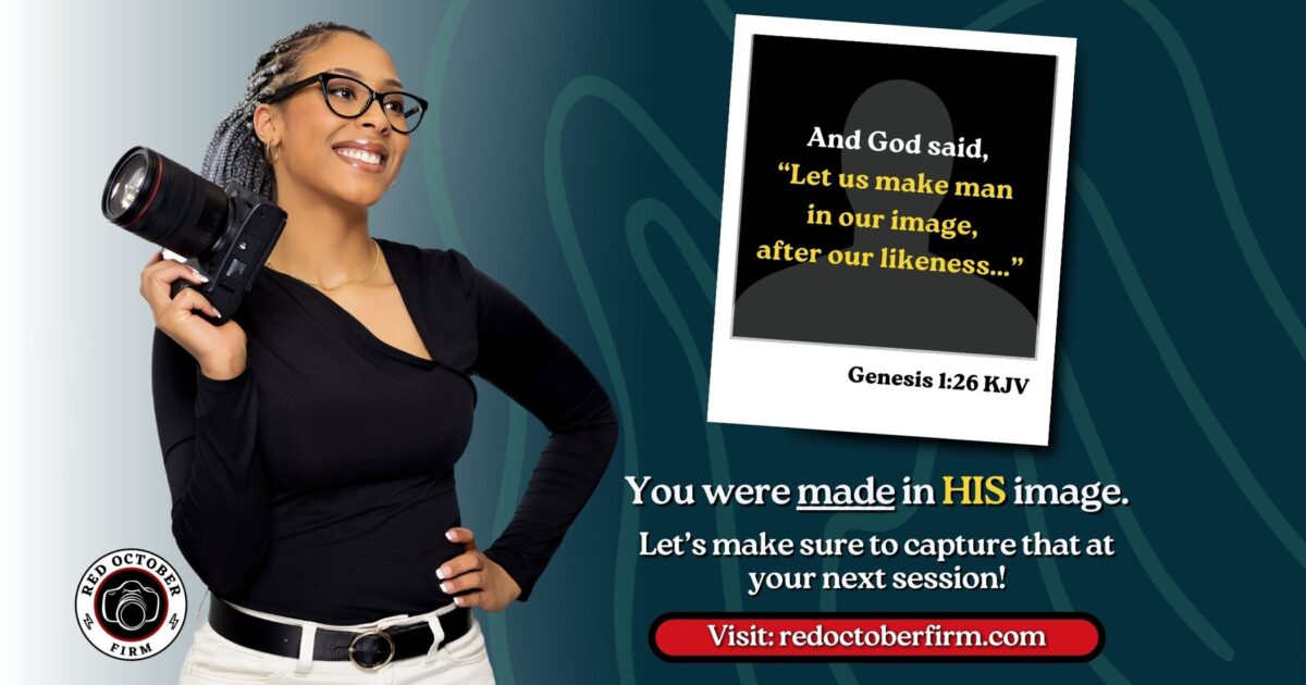 17 Reasons Why Your Business Needs Brand Photography A Smiling Woman Holding A Camera Stands Beside A Genesis 1:26 Bible Quote About Being Made In God'S Image, Promoting Photography Services From Red October Firm.