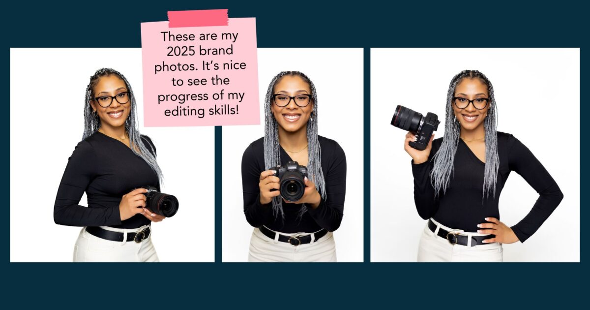 17 Reasons Why Your Business Needs Brand Photography A Woman With Long Braided Hair, Glasses, And A Black Top Poses With A Camera In Three Separate Photos Against A White Background. A Sticky Note Describes These As Her 2025 Brand Photos.