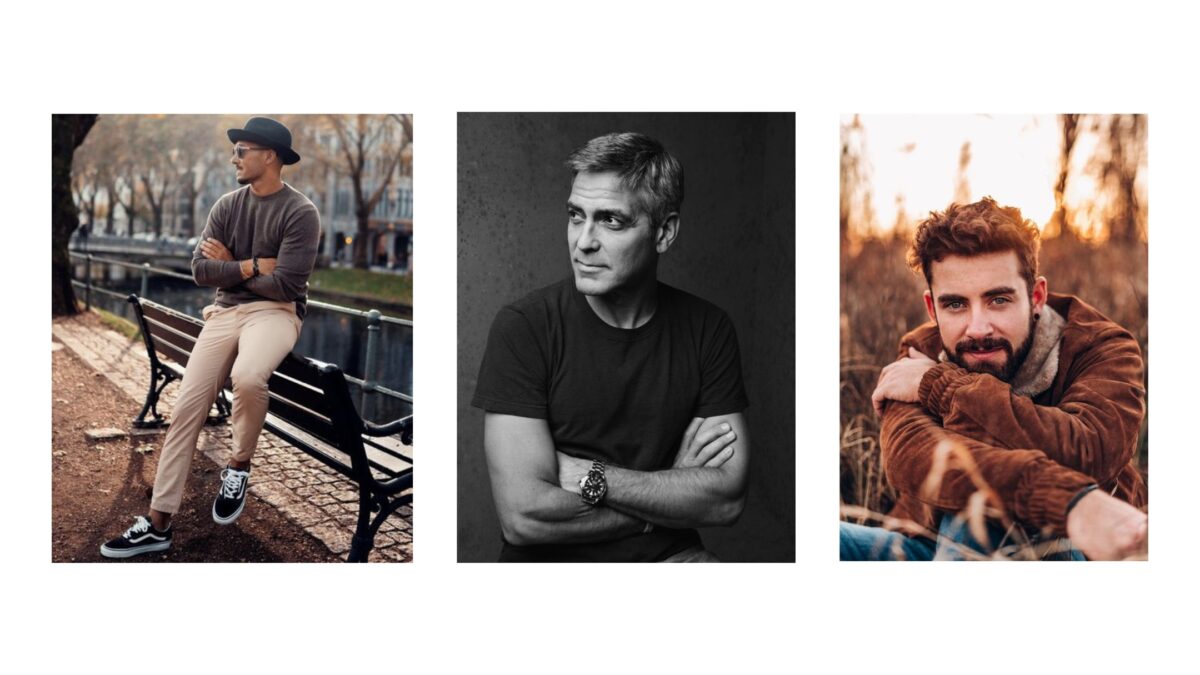 25 Best Poses For Men Four Black And White Photos Of A Male Model Sitting On A Bench, Striking Various Poses.