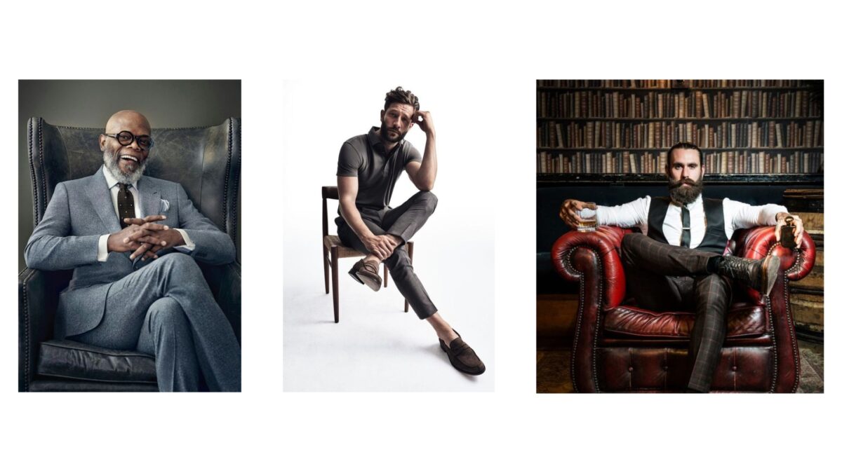25 Best Poses For Men A Male Model In A Suit Strikes Various Poses While Sitting On A Chair.