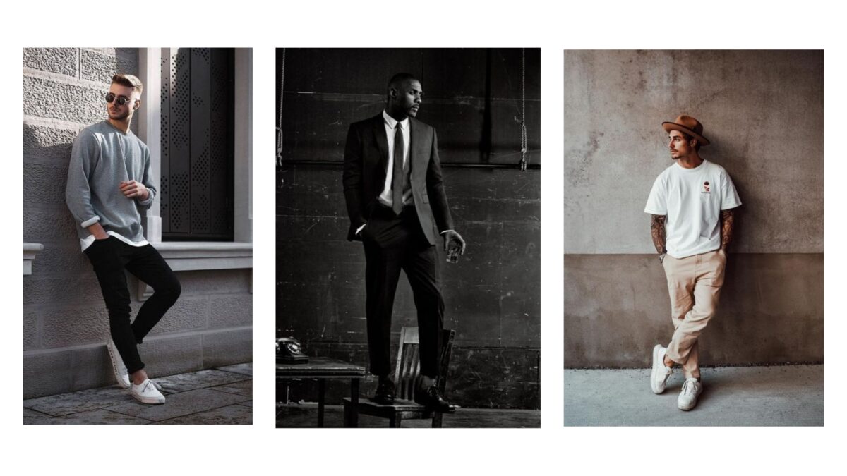 25 Best Poses For Men Four Male Model Poses Featuring A Man In A Suit And A Pair Of Sneakers, Showcased In Black And White Photos.