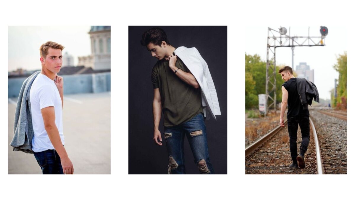 25 Best Poses For Men Four Pictures Of A Male Model In Jeans And A Jacket Striking Different Poses.