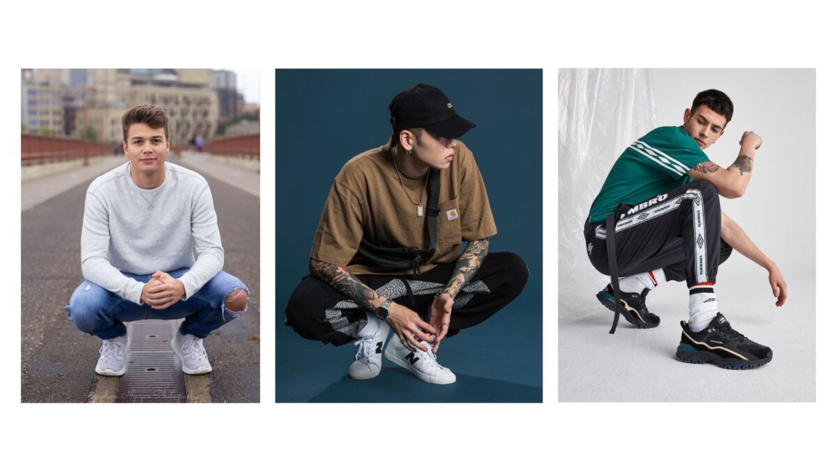 25 Best Poses For Men Four Pictures Of Male Models Wearing Different Types Of Sneakers While Striking Various Poses.