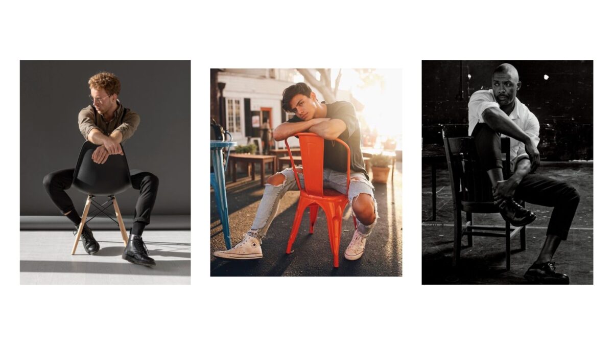 25 Best Poses For Men Four Photos Of A Male Model Sitting On A Chair And A Woman Sitting On A Chair.