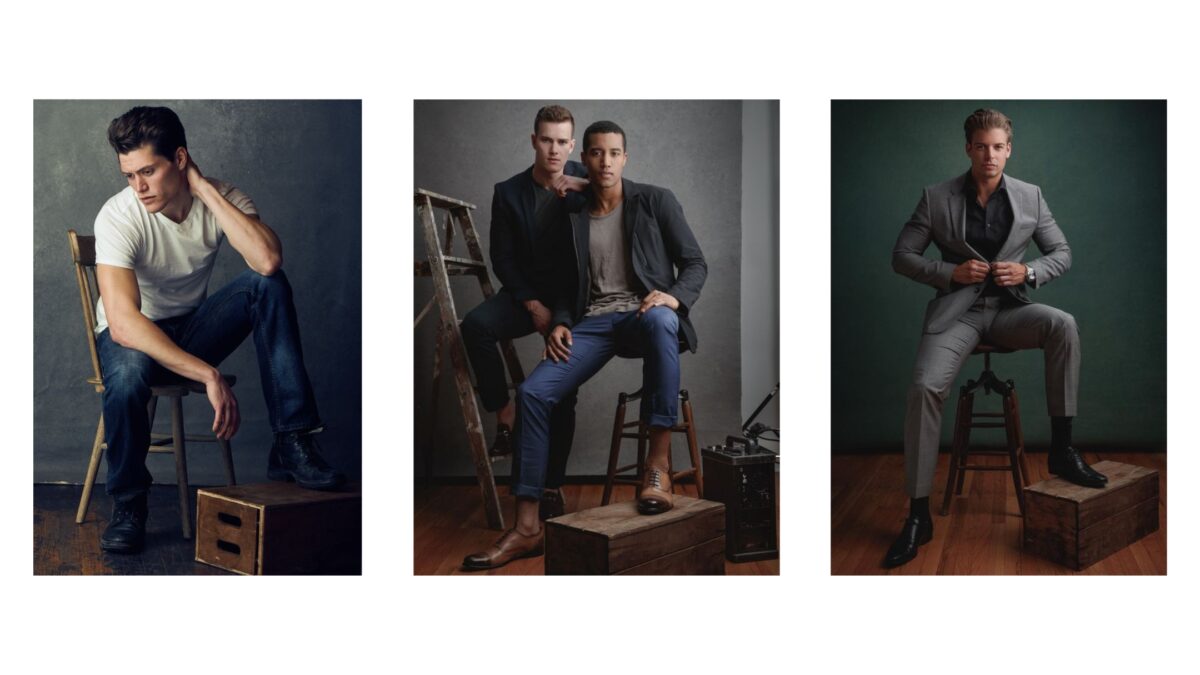 25 Best Poses For Men Four Pictures Of Male Models Posing On A Stool.