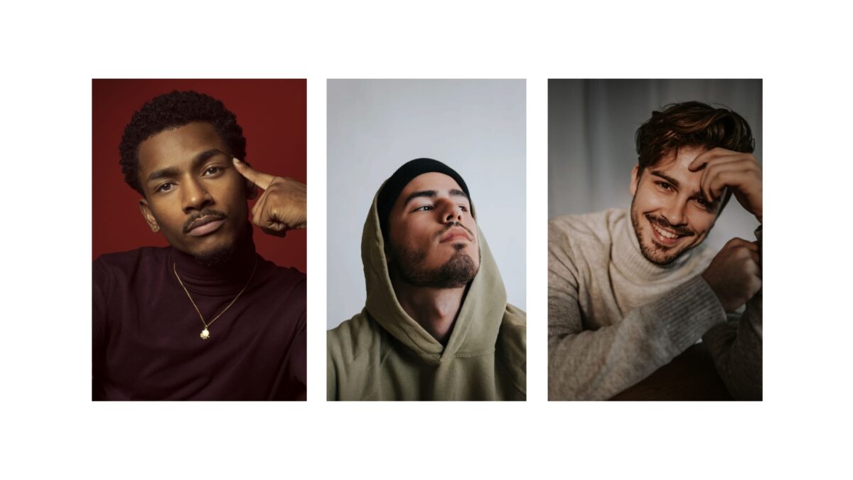 25 Best Poses For Men Four Male Models Are Posing With Their Hands On Their Heads.