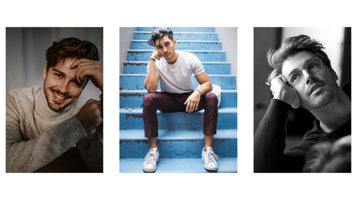 25 Best Poses For Men Four Pictures Of A Male Model Sitting On Steps, Striking Different Poses.