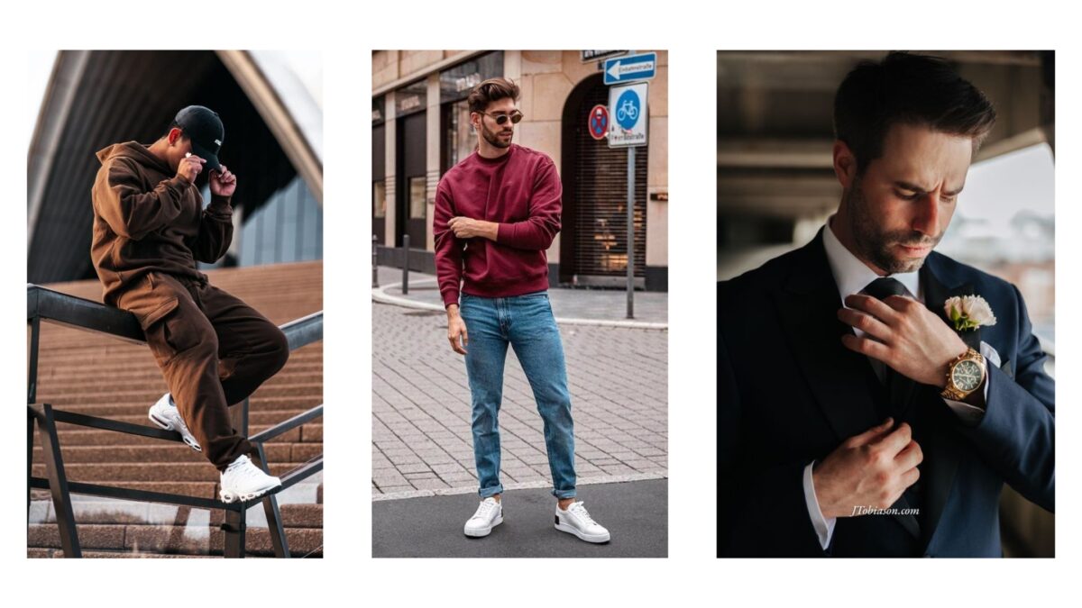 Instantly Take Better Photos Like The Pros (No Fancy Gear Needed) Four Male Model Poses Showcasing Different Outfits.