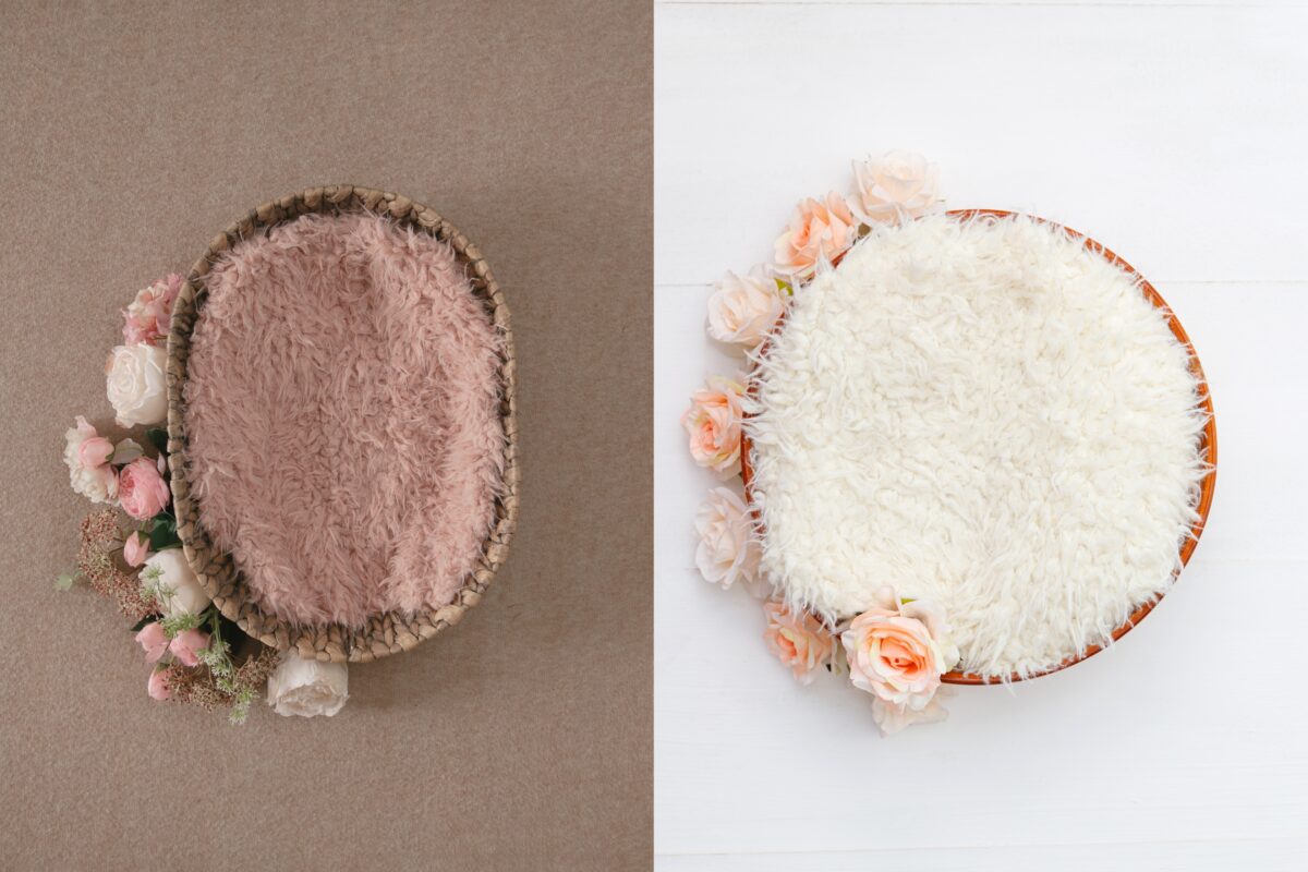 The Complete Guide To Photography Backdrops A Stunning Photography Backdrop Featuring A Bowl With Flowers And A Sheepskin Rug.