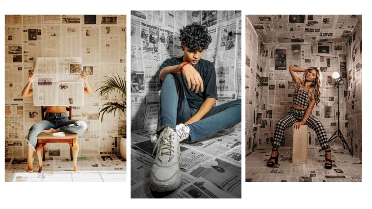 20 Cool Diy Backdrop Ideas For Your Next Photoshoot Four Pictures Of A Woman Sitting On A Chair In A Newspaper Room, Showcasing Backdrop Ideas For Photography.