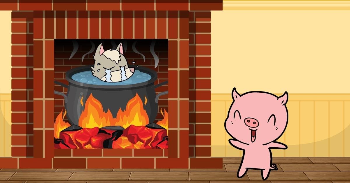 Cg #008: The 3 Little Pigs A Cartoon Pig Is Standing In Front Of A Fireplace.