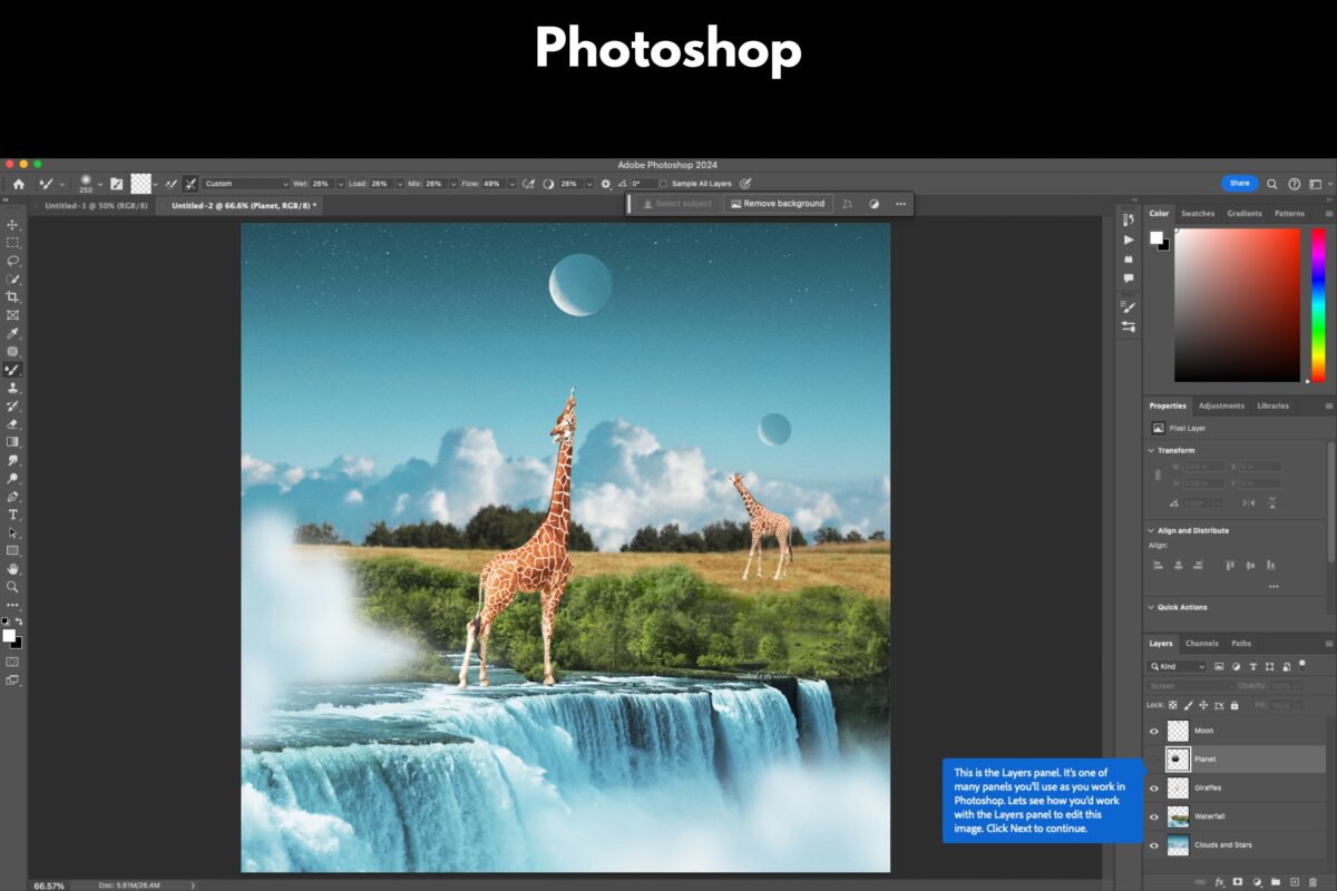 How To Use A Camera: A Guide For New Photographers A Stunning Photoshopped Image Of A Giraffe Gracefully Standing In Front Of A Magnificent Waterfall.