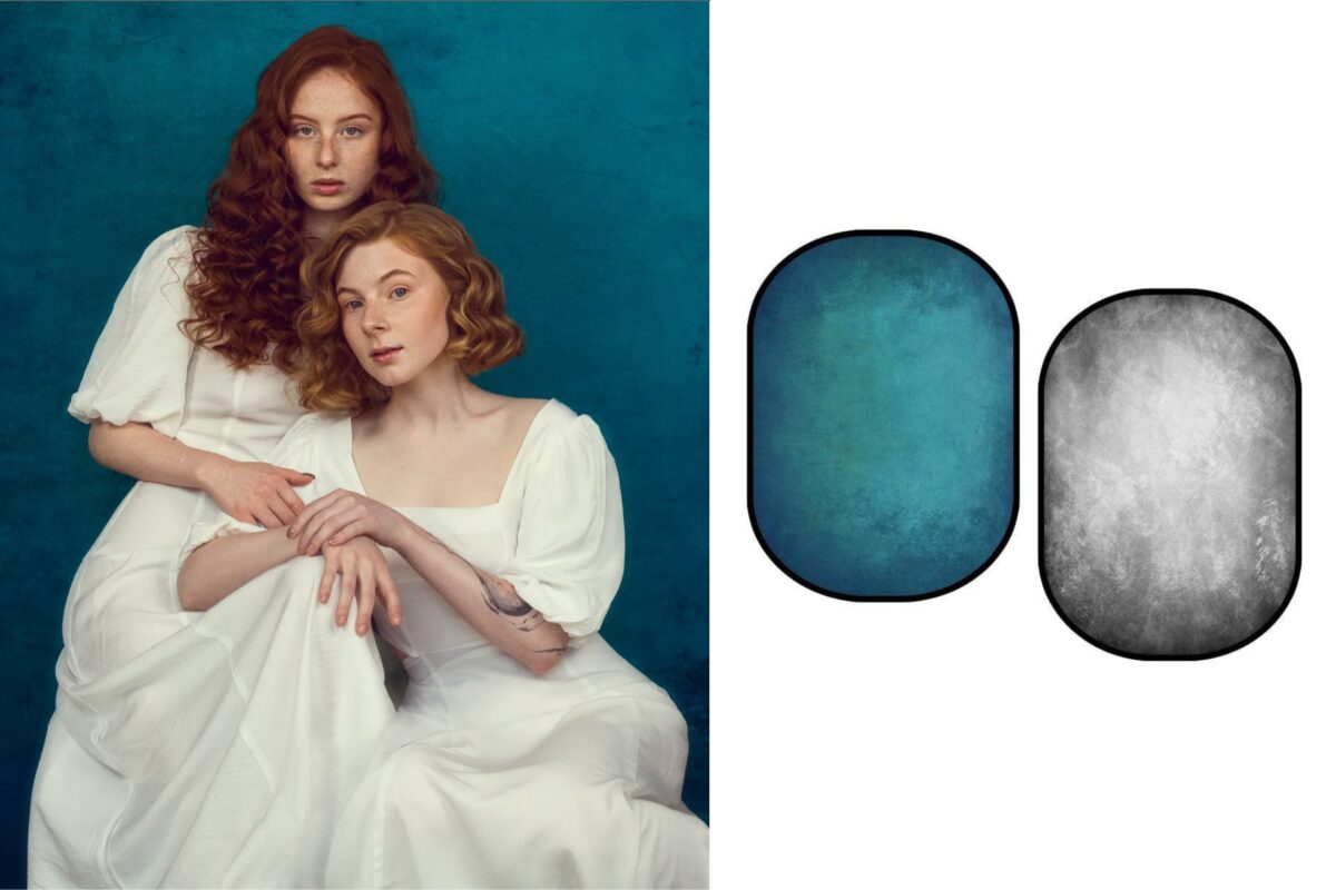 The Complete Guide To Photography Backdrops Two Women Are Posing In Front Of A Blue Photography Backdrop.