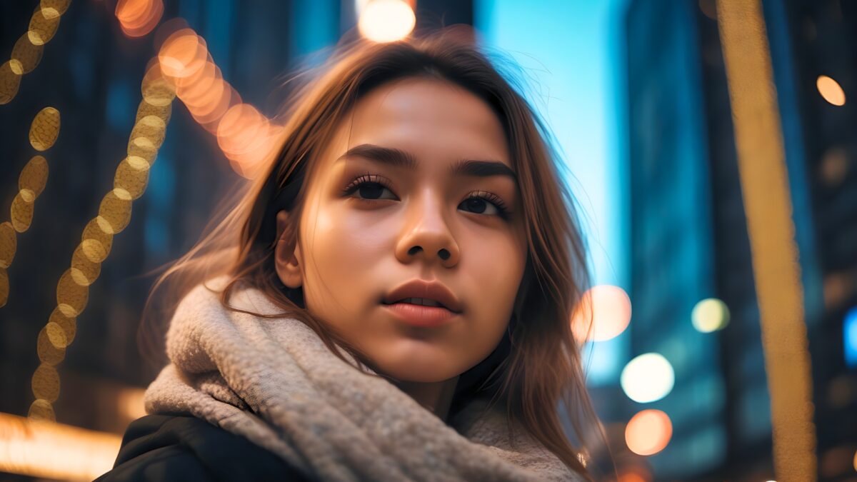 Portrait Photography Tips For Beginners A Woman Adorned With A Scarf Poses For An Enchanting Portrait In The Vibrant Cityscape At Night.