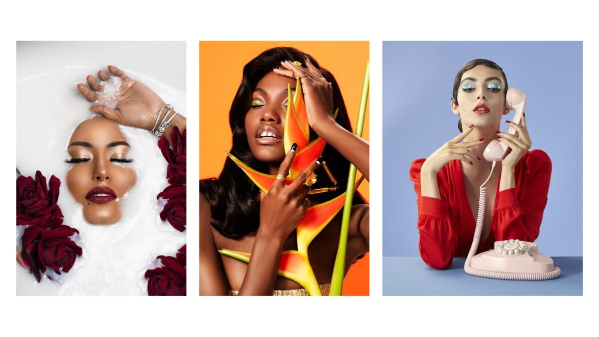 Professional Photographer Tips To Get Your First Booking Four Pictures Of A Woman With Makeup And A Phone, Showcasing The Perfect Props For A Photoshoot.