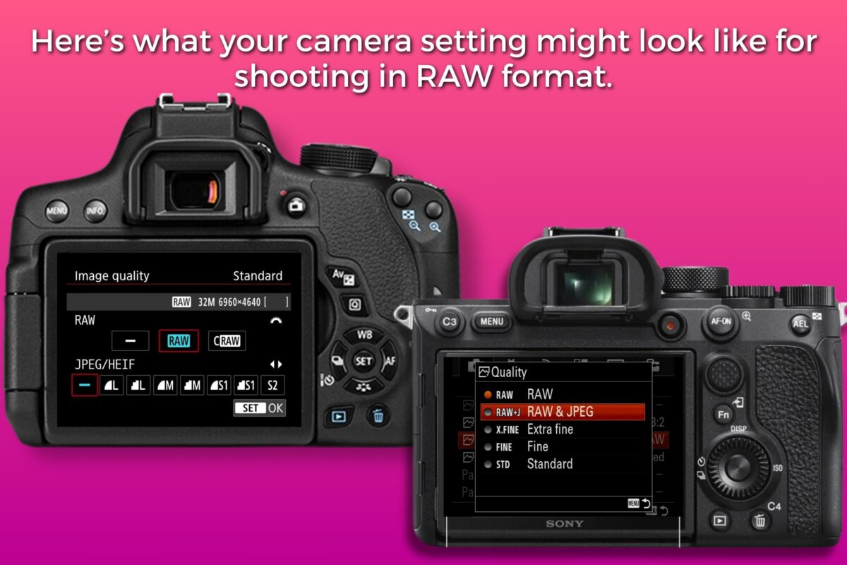 Photo Editing For Beginners (Made Easy) A Camera With The Words, Here'S What Your Camera Settings Might Look Like For Shooting In Raw Format. Capture Stunning Images And Explore Photo Editing For Beginners.