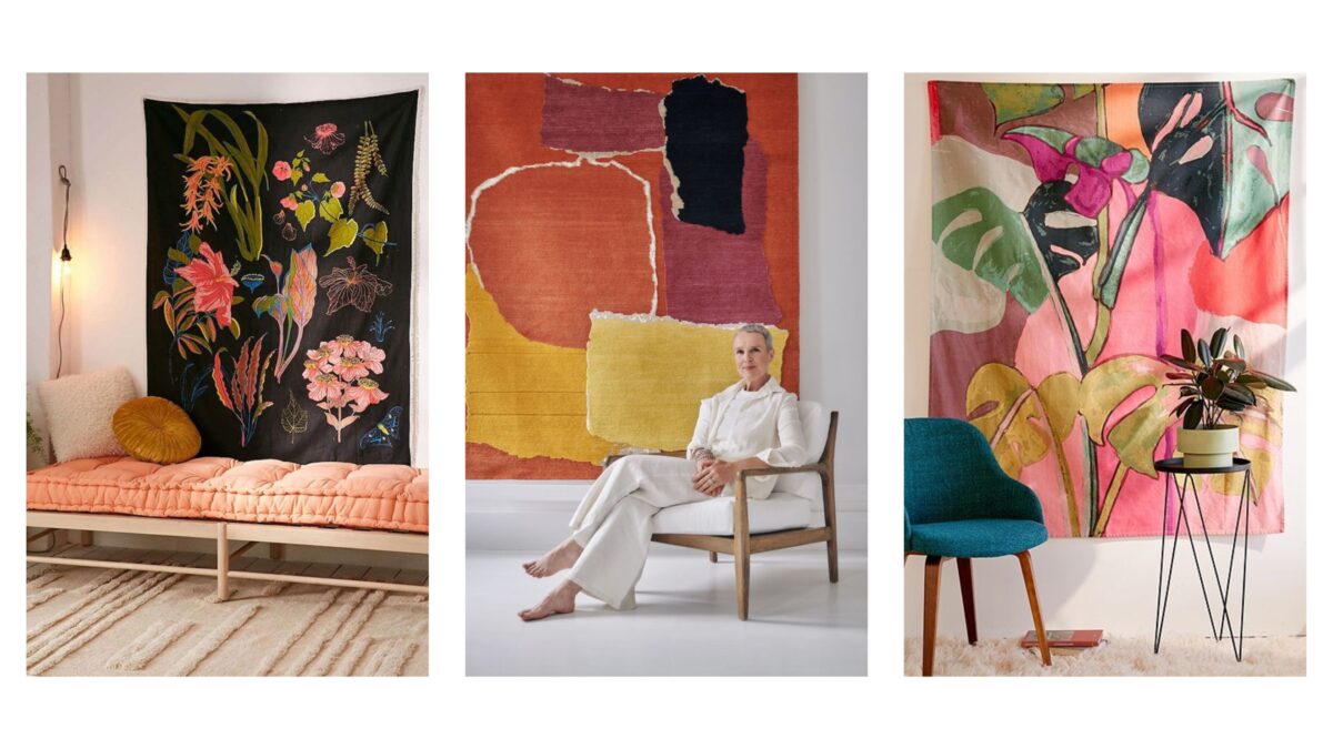 20 Cool Diy Backdrop Ideas For Your Next Photoshoot Four Pictures Of A Woman Sitting In Front Of A Vibrant Tapestry, Showcasing Creative Backdrop Ideas For Photography.