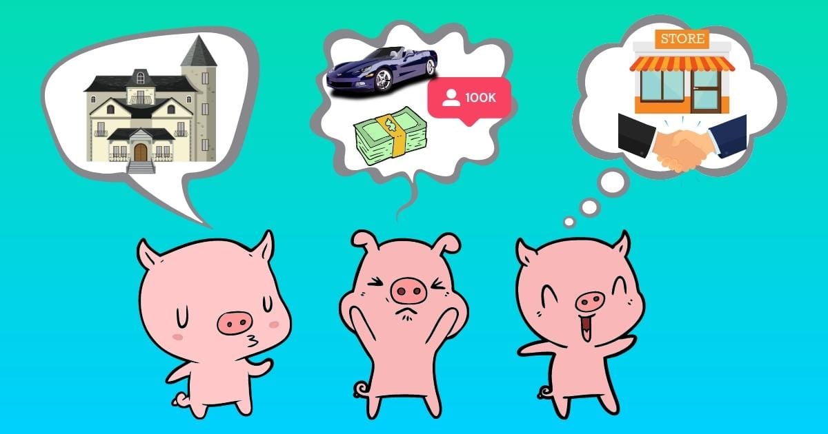 Cg #008: The 3 Little Pigs Three Pigs With Speech Bubbles In Front Of A House And A Car.