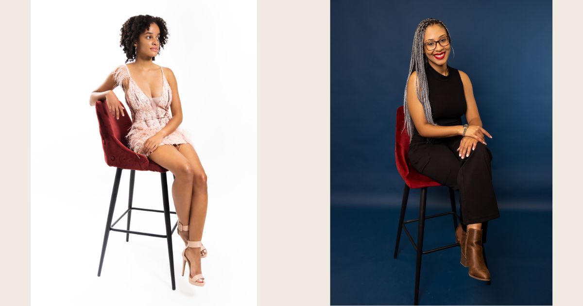 Best Photography Poses For Pictures (From A Pro Photographer) Two Women In Various Photography Poses Sitting On A Chair.