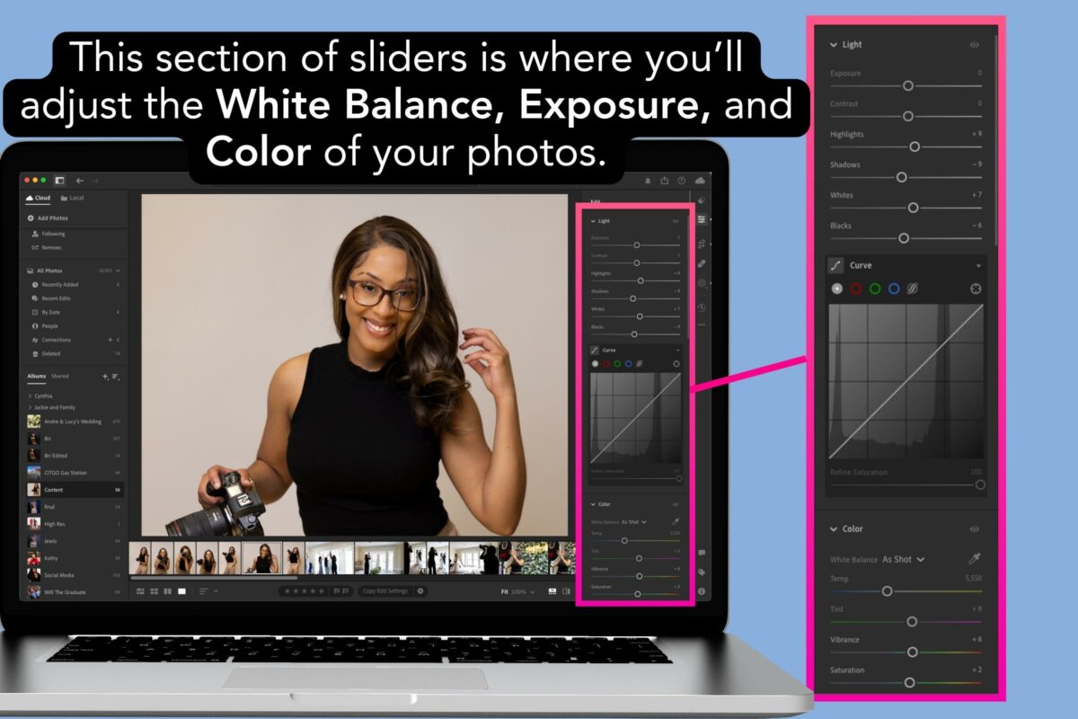 10 Excellent Lightroom Tools Every New Photographer Needs A Photo Of A Woman Using Lightroom Tools With A Laptop And A White Balance Slider.
