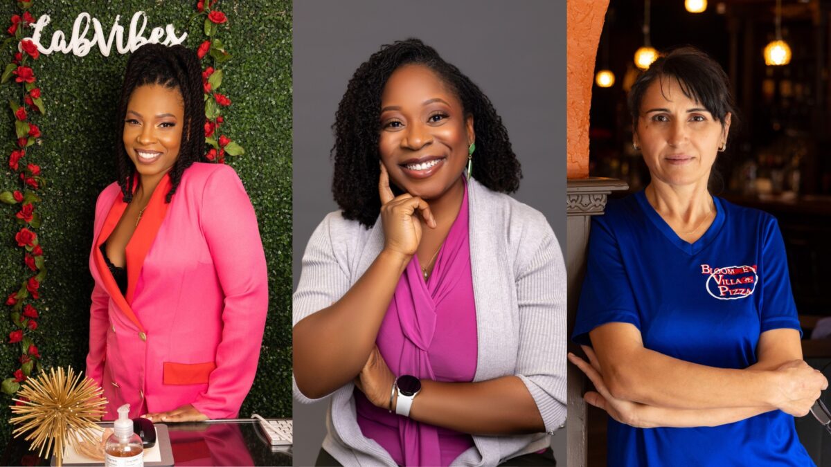 Professional Photographer Tips To Get Your First Booking Three Women Posed For Individual Portraits: One In A Pink Blazer Against A Greenery Backdrop, One Smiling With Her Hand Under Her Chin Wearing A Grey Cardigan, And One In A Blue Shirt Standing In A Restaurant, Each Showcasing Their Unique Styles And Services.