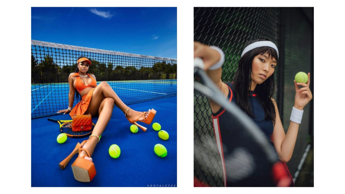 Props To Bring To A Photoshoot That'Ll Make Your Photos Pop Two Pictures Of A Woman On A Tennis Court, Showcasing Various Props.