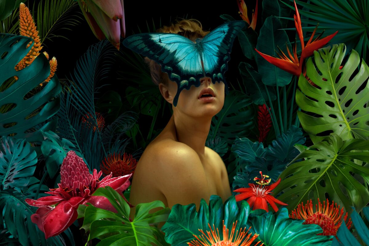 How To Turn Photos Into Art Using Advanced Techniques, This Transformative Art Piece Turns A Photograph Of A Woman Surrounded By Lush Greenery In The Jungle Into A Captivating Masterpiece. The Focal Point Is The Delicate Butterfly Delicately Perched On Her